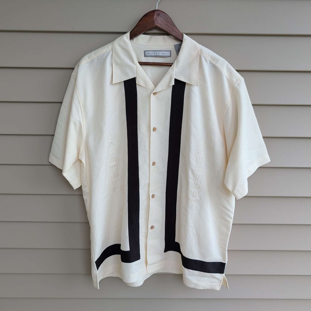 Monte Carlo Camp Shirt Mens Large Pearl Cream Black Striped Retro Embroidered